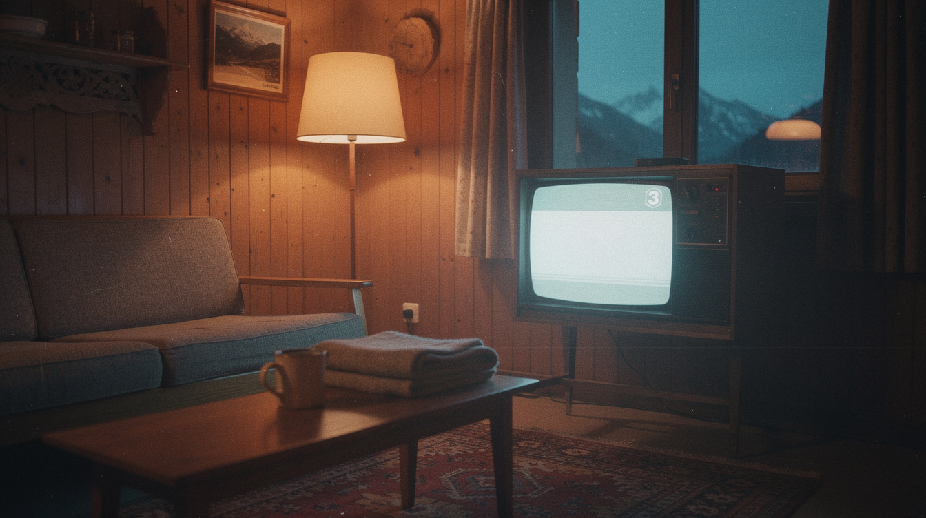 Retro television set glowing in a Swiss living room in the 1980s